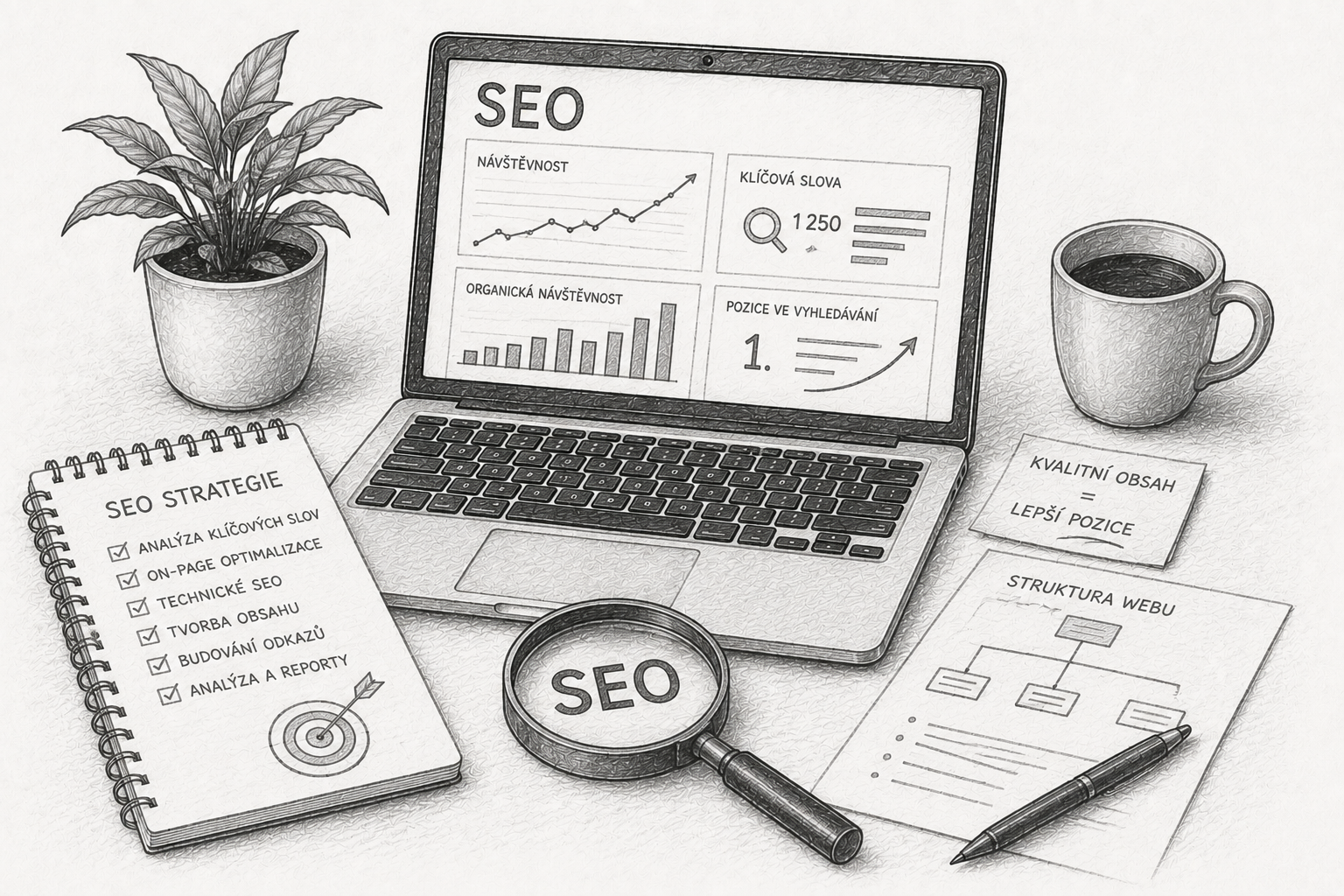 SEO optimalizace webu - analýza klíčových slov, technické SEO, obsah a zlepšení pozic ve vyhledávání.