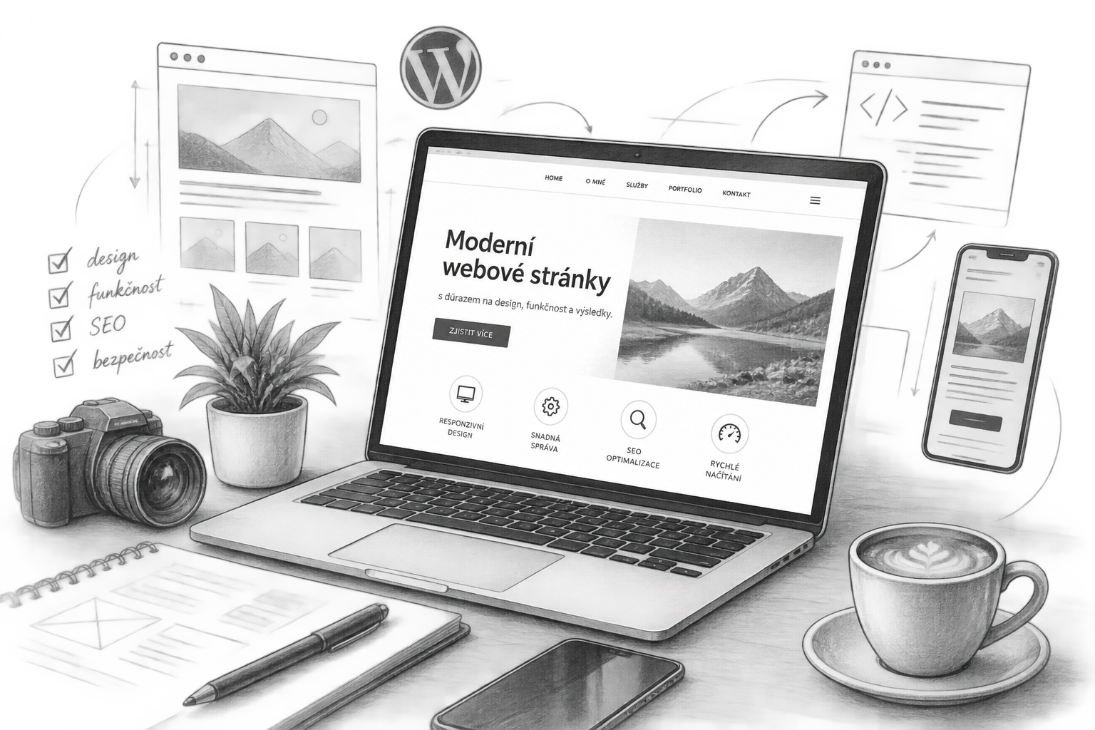 Tvorba webových stránek na notebooku a mobilu v kresleném stylu